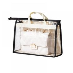 a clear bag with black handles and straps on the bottom is shown in front of a white background