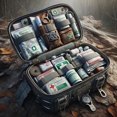 an open suitcase filled with medical supplies sitting on top of a pile of fallen leaves