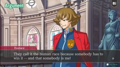 an anime character is standing in front of a statue and looking at the screen that says, they call it human race because somebody has to win it