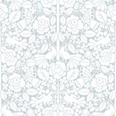 an intricately designed wallpaper with white flowers and birds on grey background, suitable for use in interior or exterior design