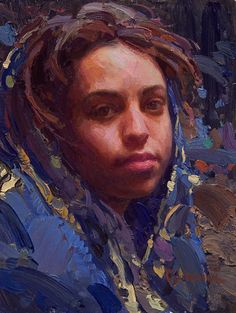 an oil painting of a woman wearing a blue hoodie and looking at the camera