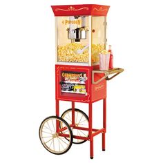 an old fashioned popcorn machine with wheels