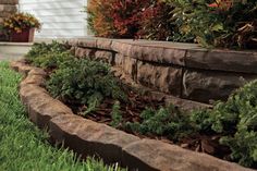 a stone wall in front of a house with plants growing on the side and green grass around it