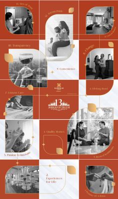 an orange and white brochure with images of people in the process of making something