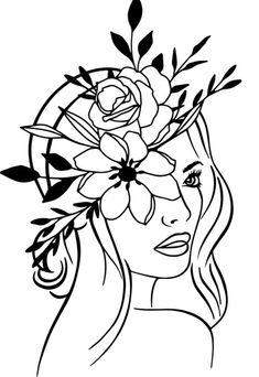 a woman's face with flowers in her hair and leaves on her head, black and white