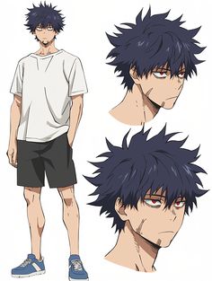 an anime character with black hair and red eyes, wearing shorts and a white t - shirt