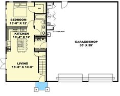 the garage floor plan is shown in this image, it shows the living area and kitchen