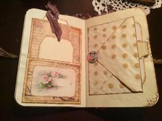 an open book with some pictures on the pages and doily around it that has been altered