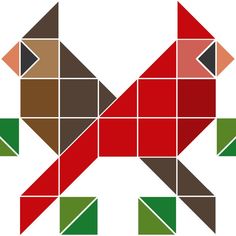 an abstract geometric design with red, green and brown squares in the shape of a bird