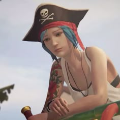 a woman in a pirate hat sitting on top of a boat