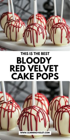 Indulge in bloody red velvet cake pops that are both spooky and scrumptious. These cake pops are a fun and festive way to enjoy red velvet cake with a Halloween twist. Save this pin and make your Halloween celebrations both tasty and chilling! Halloween Red Velvet Cake Ideas, Halloween Food And Dessert Ideas, Horror Baking Ideas, Simple Halloween Baked Goods, Red Halloween Treats, Halloween Theme Baked Goods, Vampire Theme Desserts, Scary Halloween Treats Parties Food, Festive Cake Pops