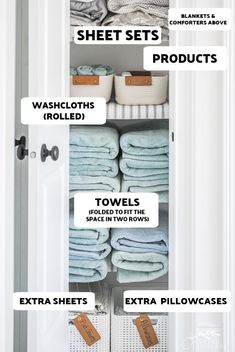 an organized closet with lots of towels and other items in it, labeled to help you organize your linens