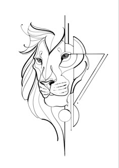 a black and white drawing of a lion's face with triangles in the background