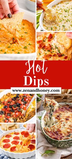 a collage of different types of dips with text overlay that says hot dips