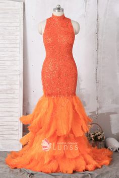 This sparkly unique orange trumpet African American prom dress features high neckline and keyhole cut-out back, sparkling sequinned lace bodice, fluffy feather skirt. It is an outstanding piece at prom party and any other occasions. American Prom Dress, Trumpet Prom Dress, High Neck Prom Dress, Special Occasion Gowns, Feather Skirt