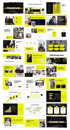 a bunch of yellow and black powerpoint presentation slides