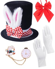 a top hat, gloves and clock are on display