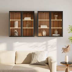 a living room filled with furniture next to a wall mounted book case and potted plant