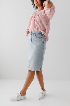 The 'Kyra' is another one of our very own exclusive denim skirts. Designed with everyday wear in mind, this skirt will pair well with just about any casual top in your wardrobe! This denim skirt is 100% cotton and does not have stretch, giving it a vintage vibe we love! Every woman needs a classic, straight denim skirt in her closet and this skirt is an excellent choice! Available in light or vintage wash. 100% Cotton Machine Wash Cold Gentle Cycle Do Not Bleach Hang to Dry Do Not Dry Clean Mode Day Out Cotton Midi Skirt, Casual Medium Wash Denim Midi Skirt, Spring Relaxed Straight Leg Skirt, Denim Pencil Skirt For Spring, Spring Relaxed Denim Skirt, Spring Denim Pencil Skirt, Chic Cotton Denim Skirt For Spring, Spring Cotton Mini Denim Skirt, Casual High Rise Pencil Skirt For Spring