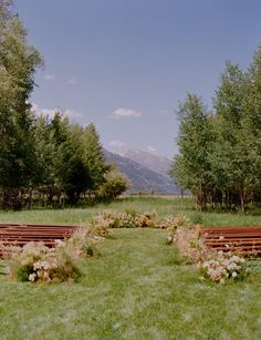 rows of wooden benches sitting on top of a lush green field