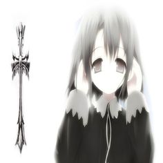 an anime character with long black hair and white eyes, holding a cross in her hands