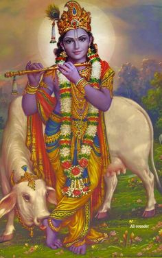 the god is playing flute while standing next to a cow