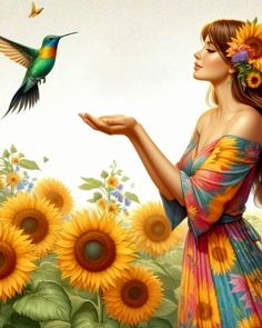 a painting of a woman in a colorful dress feeding a hummingbird to a sunflower