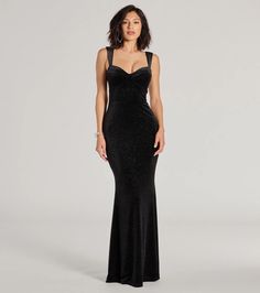 Shimmer in the elegant Veronica velvet formal dress at black tie parties and celebrations. The formal dress is designed with a structured sweetheart neckline and a striking mermaid floor-length silhouette. Pair with earrings and heels.Fit & FeaturesGlitter velvet fabric with knit lining, moderate stretchSweetheart neckline, structured and padded bustTank shoulder strapsBack hook and bar closure, lower back cutout, zipper with hook-eye closureFloor-length mermaid silhouetteRuns true to size Mermaid Dress Black, Velvet Mermaid Dress, Orange Homecoming Dresses, Sequin Holiday Dress, Holiday Formal Dresses, Short Formal Dresses, Black Sparkle Dress, Floral Velvet Dress, Purple Homecoming Dress