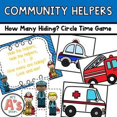 the community helpers activity is shown with pictures of fire trucks, and ambulances