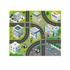 an image of a city map with roads and buildings on it's sides, including police cars