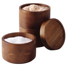 three wooden containers with white rice in them