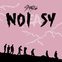 a group of people walking across a field under a pink sky with the word no easy written on it