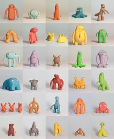 there are many different colored toy animals in this photo set, each with an individual's own face