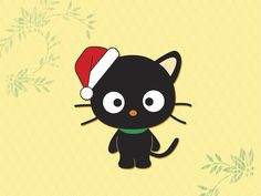 a black cat wearing a santa hat on top of a yellow background with green leaves