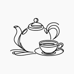 a black and white drawing of a teapot with a cup on the saucer