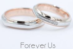 two white gold wedding bands with diamonds on them and the words forever us written below