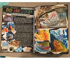 an open book with pictures of fish and words on it that read, ad maddox