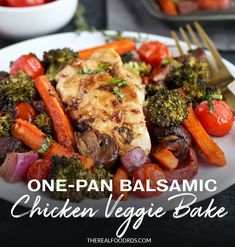 one pan balsamic chicken veggie bake on a white plate