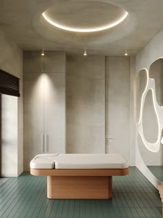 a large bath tub sitting inside of a bathroom next to a wooden table and chair