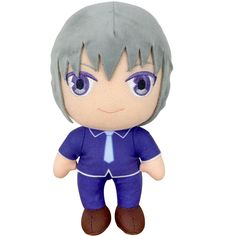 an anime character with grey hair and blue eyes, wearing a purple shirt and brown pants