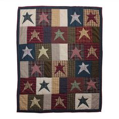 a red, white and blue quilt with stars on it