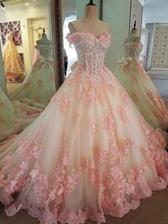 Pink Sweet 16 Dress, A Line Ball Gown, Ball Gown Prom Dress, Prom Dress Long, Pretty Quinceanera Dresses, Floral Prom Dresses