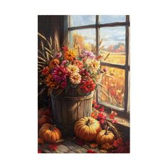 a painting of flowers and pumpkins by a window