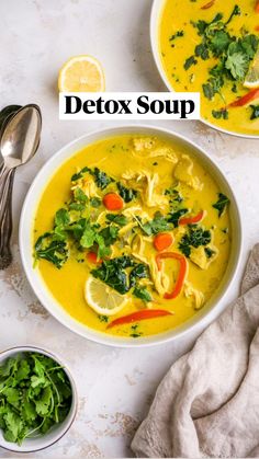 40min · 6 servings     RECIPE: https://www.eatingbirdfood.com/detox-soup/  .  INGREDIENTS:  2 Tablespoons olive or avocado oil  1 large yellow onion, chopped  2 large carrots, chopped into ½-inch rounds  2 ribs celery, thinly sliced  5 cloves garlic, minced  1 Tablespoon freshly grated ginger  2 Tablespoons freshly grated turmeric  ¼ teaspoon cayenne  1 teaspoon sea salt  ½ teaspoon ground pepper  1 large red bell pepper, thinly sliced  1 lb chicken breasts  6 cups vegetable broth  1 13.5 oz can coconut milk  1 bunch curly kale, roughly chopped  2 Tablespoons lemon juice, juice from half of a lemon  1 Tablespoon tamari, coconut aminos or soy sauce  ¼ cup fresh cilantro, plus more for topping  .  Give your body a reset with this veggie filled detox soup. It’s healthy, filling and packed wit Chicken Coconut Milk, 7 Day Cabbage Soup Diet, Chicken Coconut, Soup With Chicken, Eating Bird Food, Cabbage Soup Diet, Detox Soup, Soup Diet, Cabbage Soup