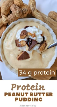 peanut butter pudding in a white bowl with chocolate chunks on top and the words, 34 protein protein peanut butter pudding