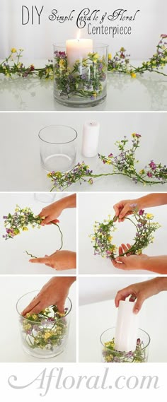 the steps to make a flower wreath with greenery and candles are shown in this photo