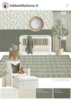 a baby's room with green walls and furniture