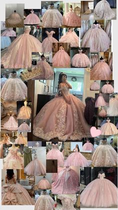 a collage of pink dresses and gowns on display in front of a mirror