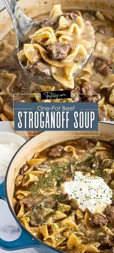 one pot beef stroganonoff soup is an easy and delicious meal that's ready in under 30 minutes