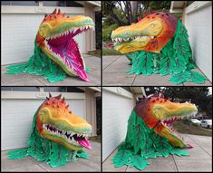 four pictures of an inflatable dinosaur head